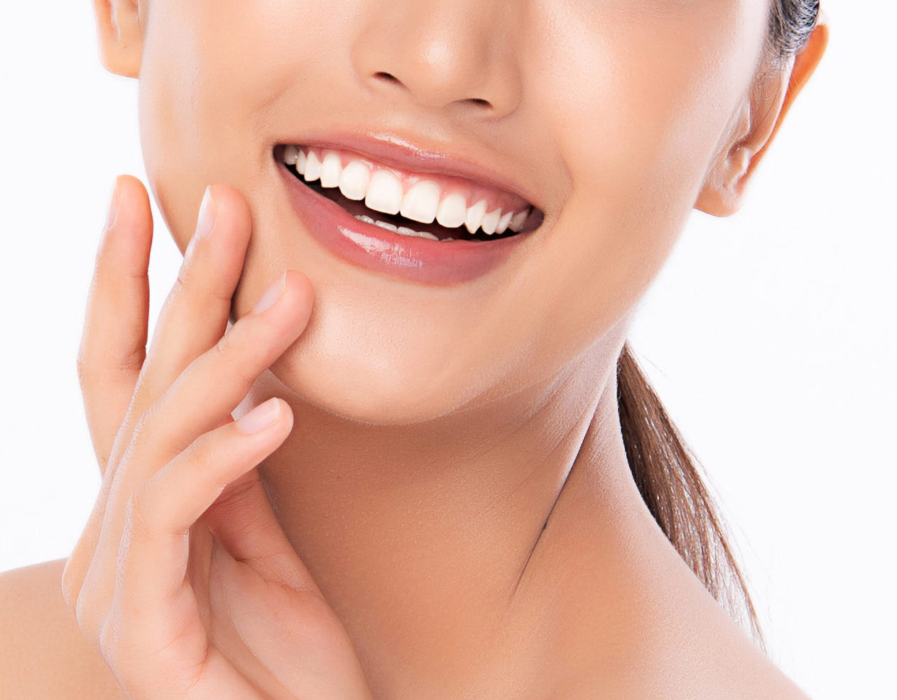 Beautiful smile young woman. White teeth on white background,
